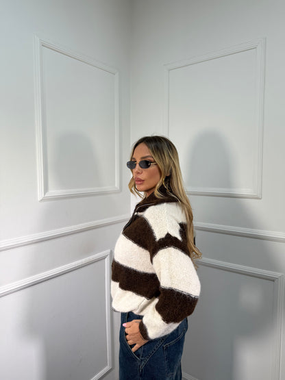 Maglioncino con zip misto lana cacao/panna 51201