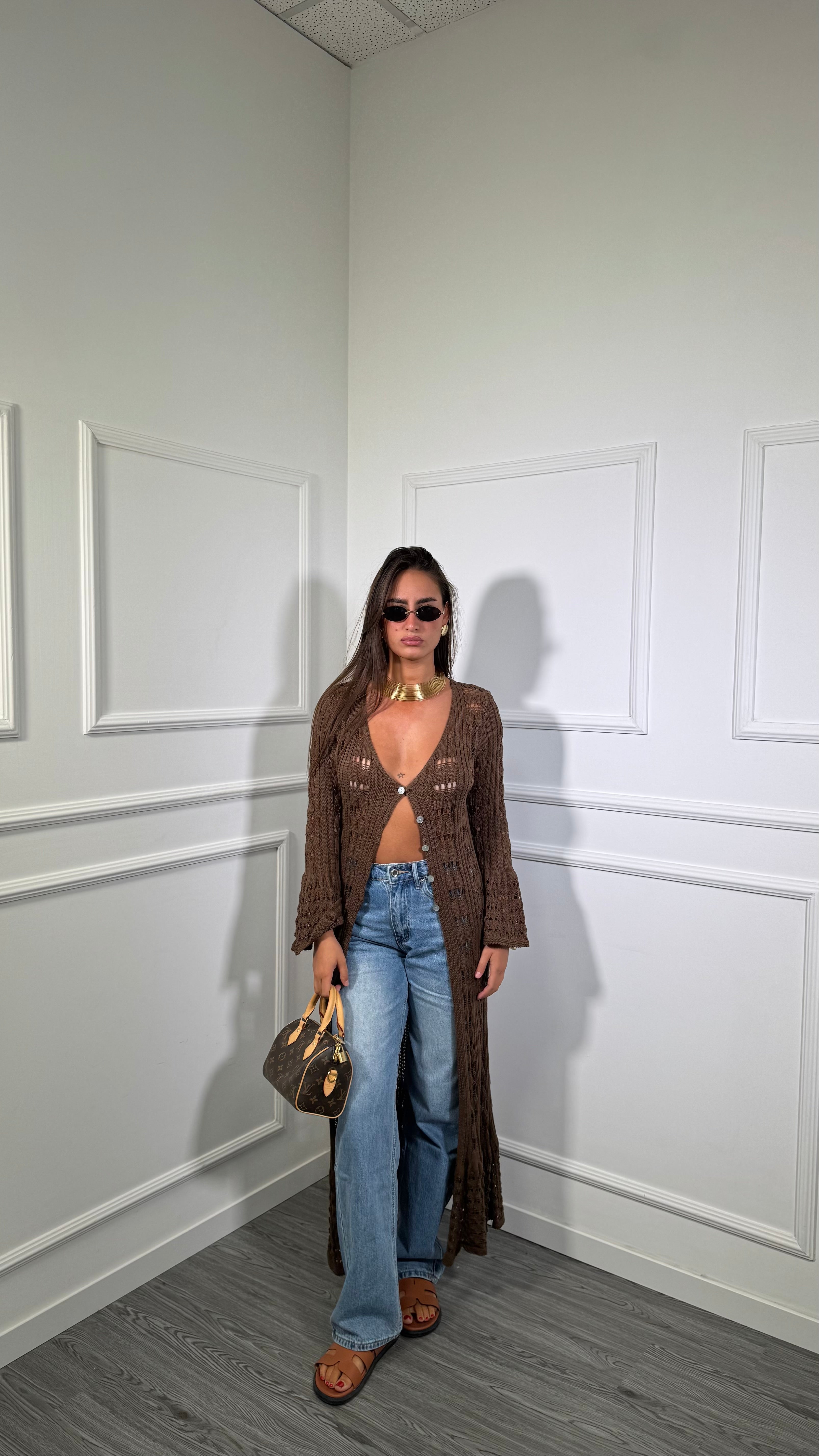 Maxi cardigan in filo Mykonos cioccolato 3676