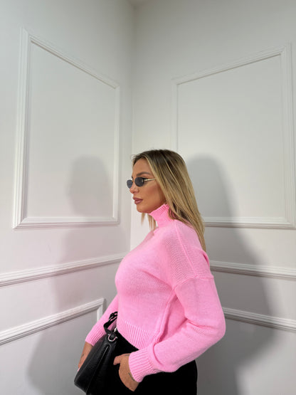 Pullover crop collo alto in maglia rosa barbie 022469