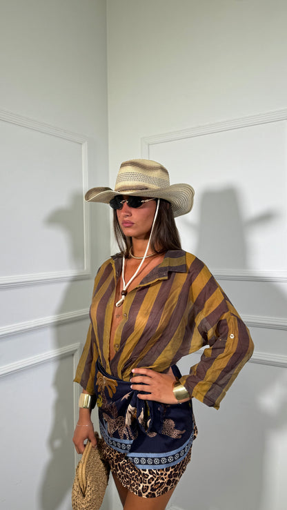 Camicia con colletto semi velata a righe Astrid senape/marrone in728712