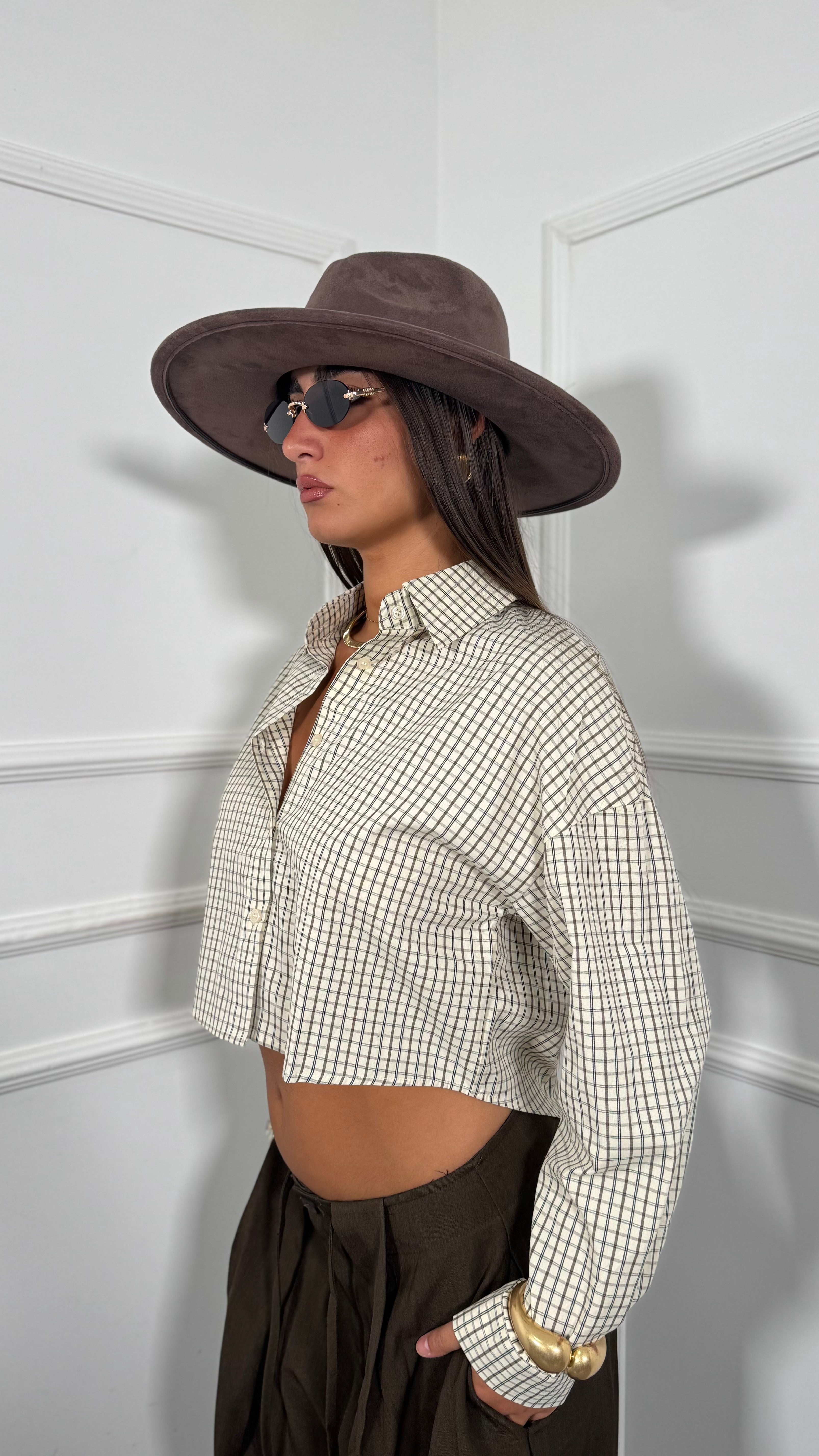 Camicia crop a quadretti British panna dk58065
