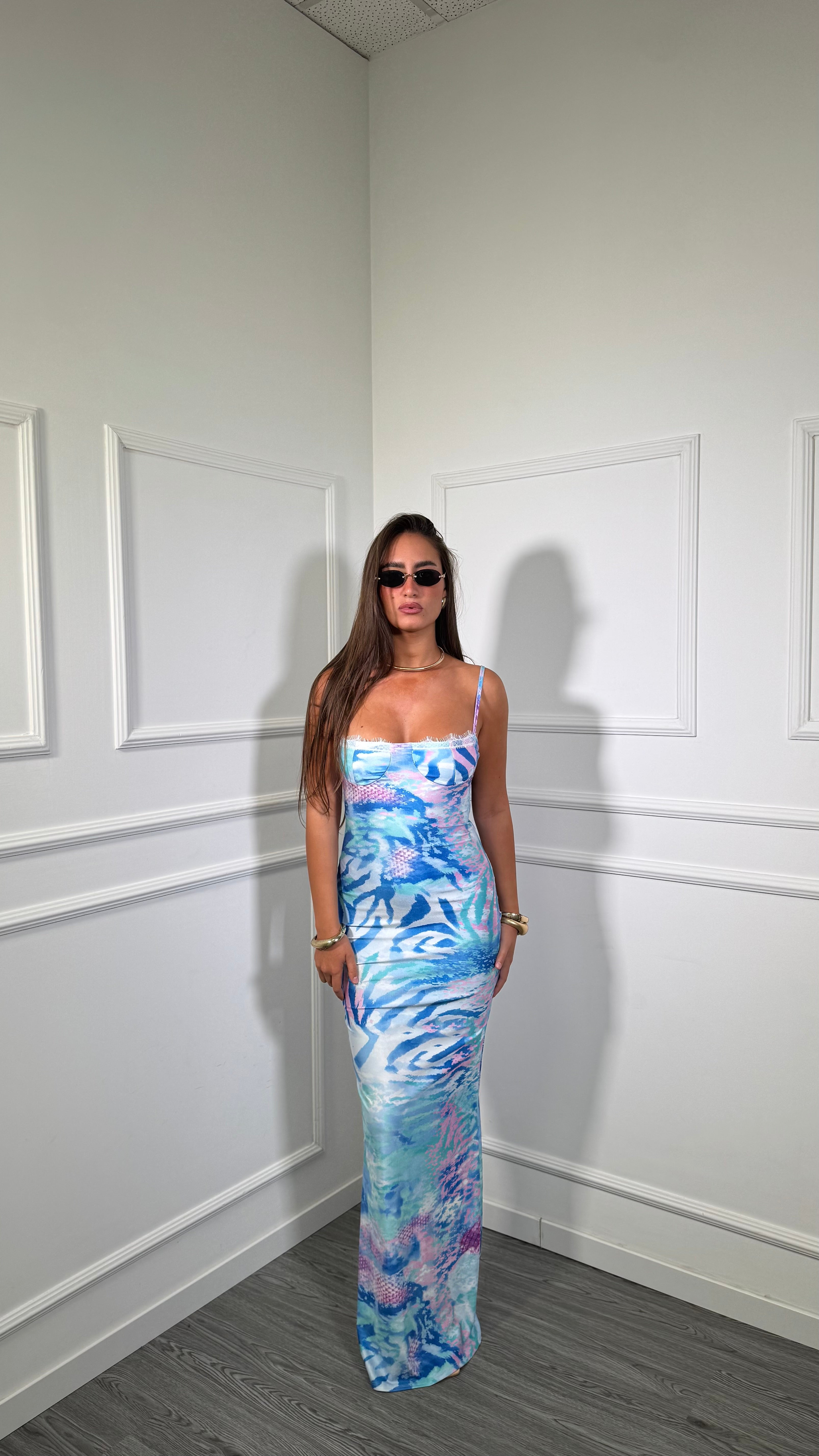 Abito tubino lungo in lycra animalier azzurro/rosa 1776