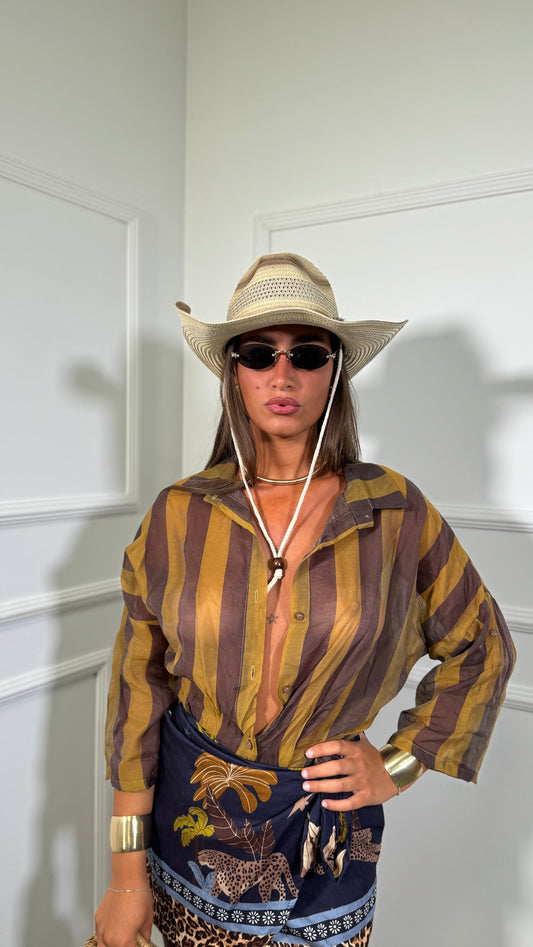 Camicia con colletto semi velata a righe Astrid senape/marrone in728712