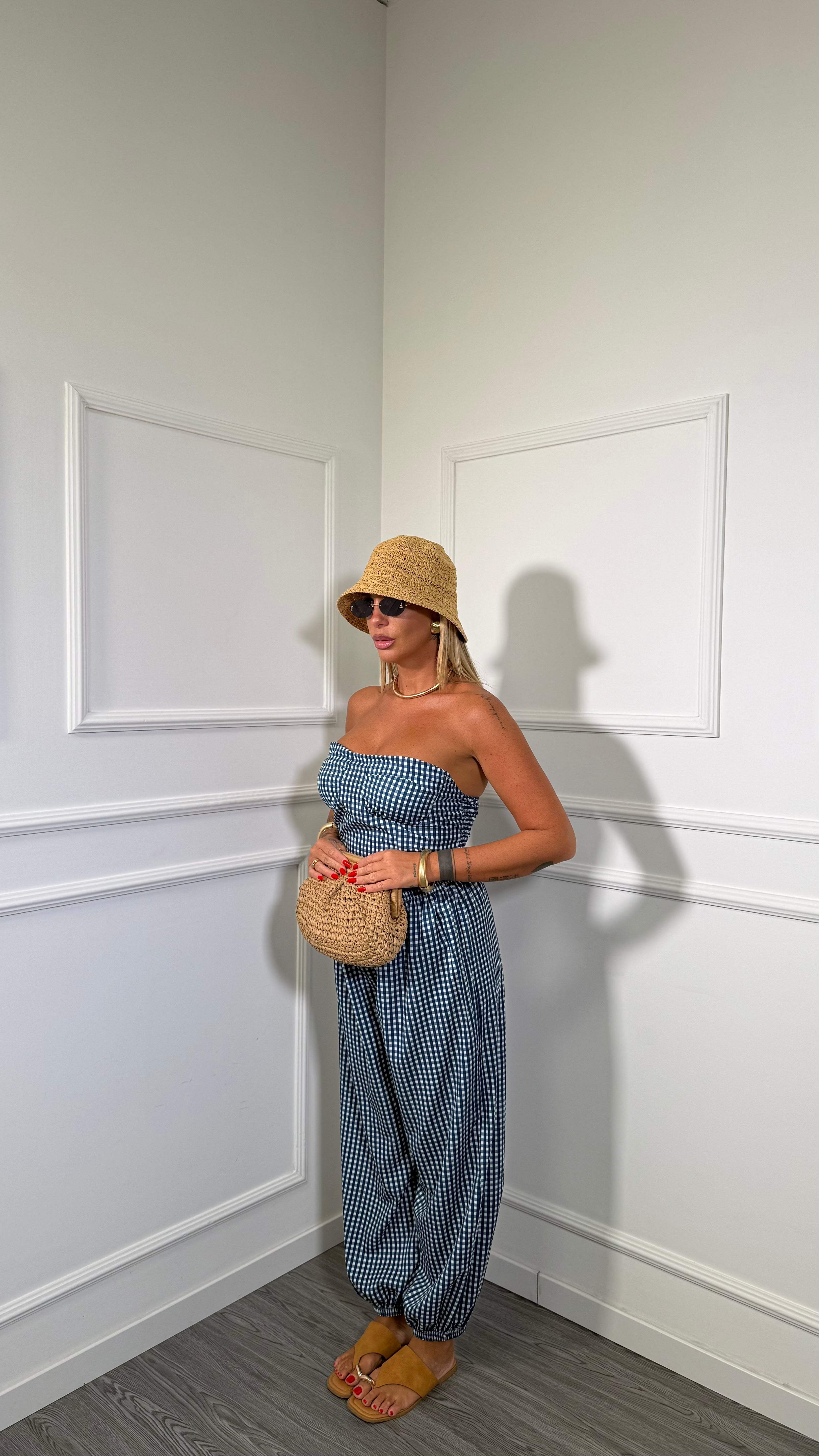 Coordinato a quadretti con top a fascia Mirea blu
