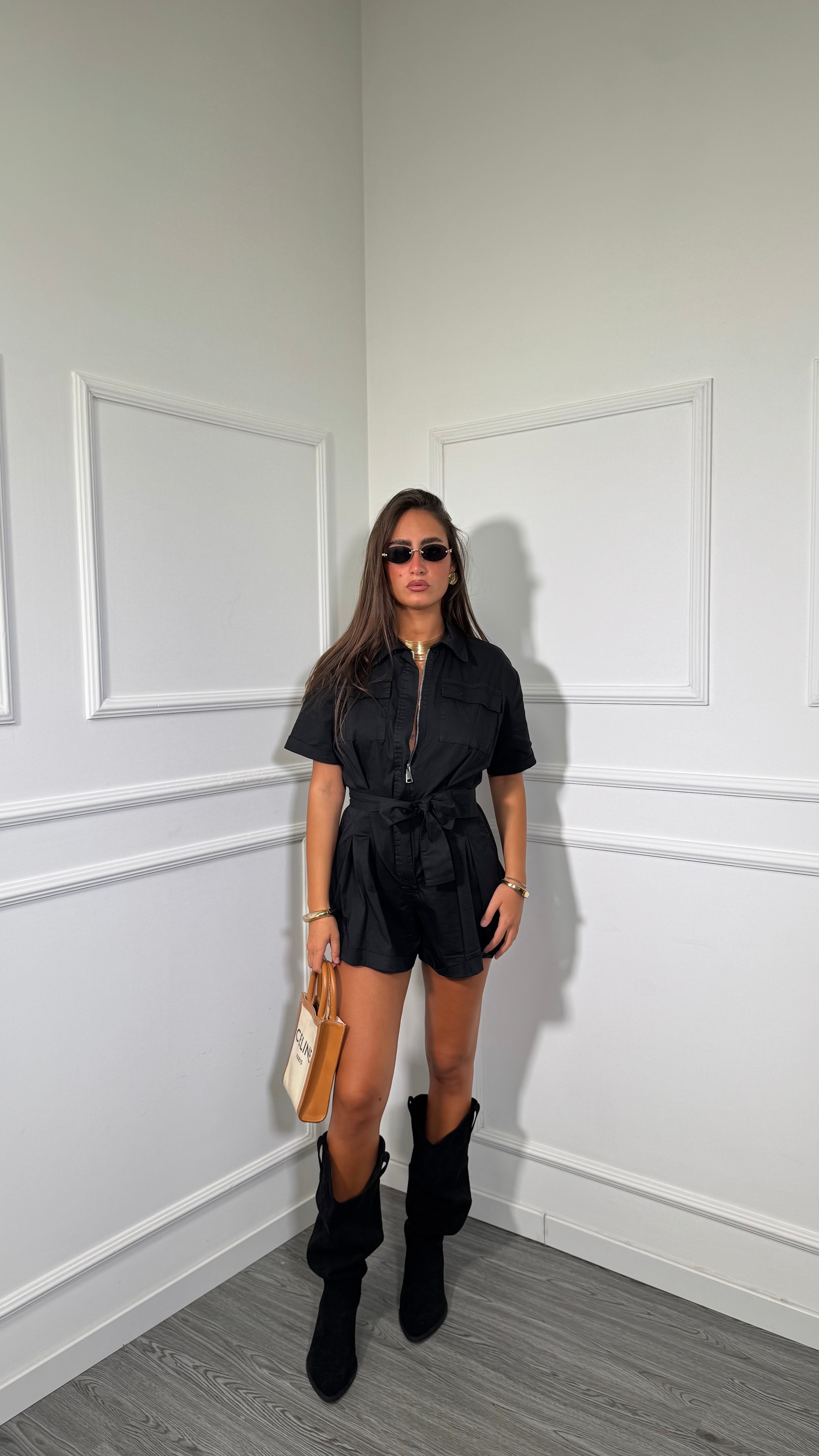 Jumpsuit in cotone con fusciacca Nereis nero my59253