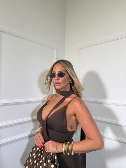 Abito lungo in lycra con fusciacca cioccolato 47971