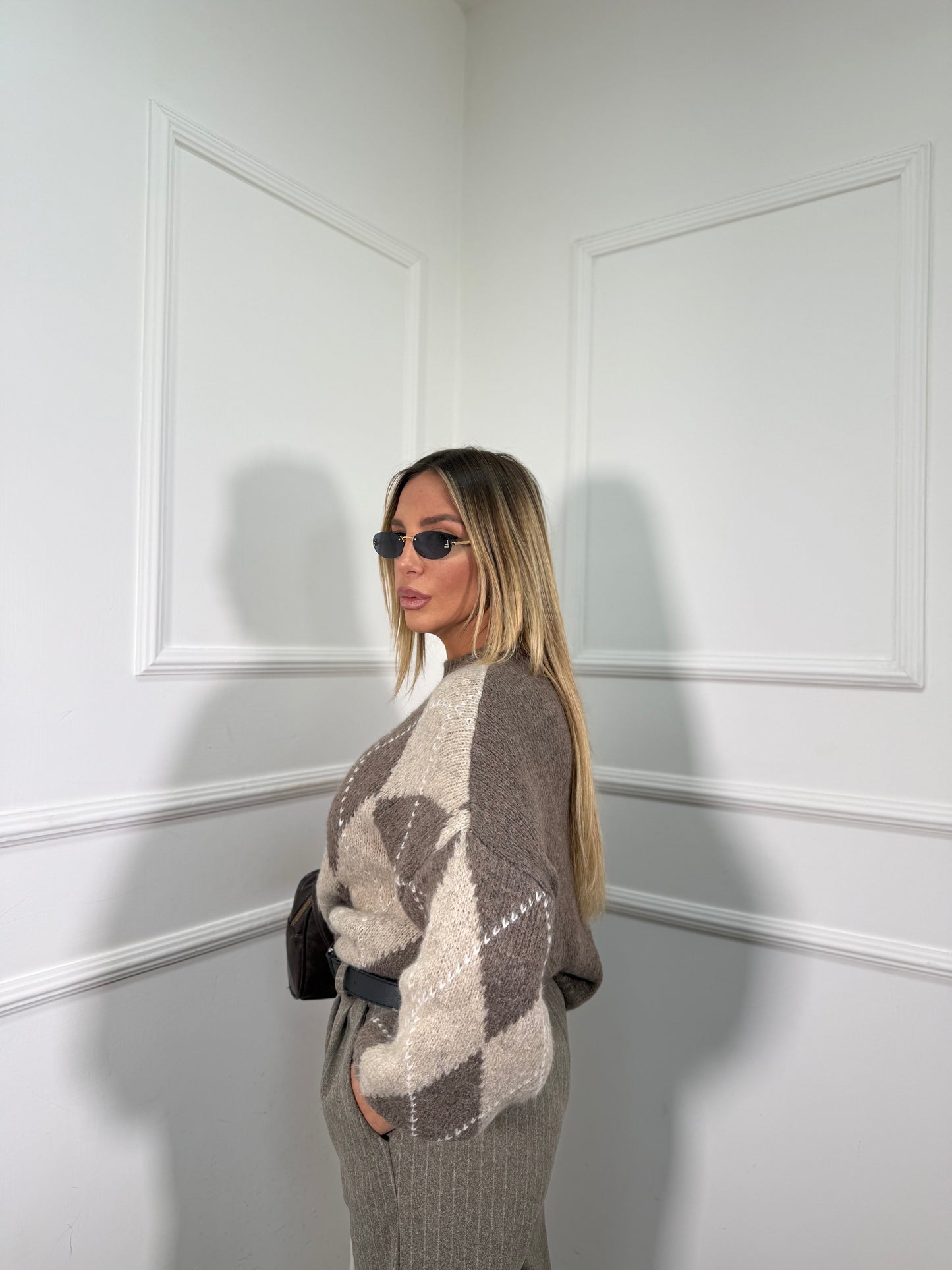 Pullover lana cotta con rombi Snowball taupe/beige 31892