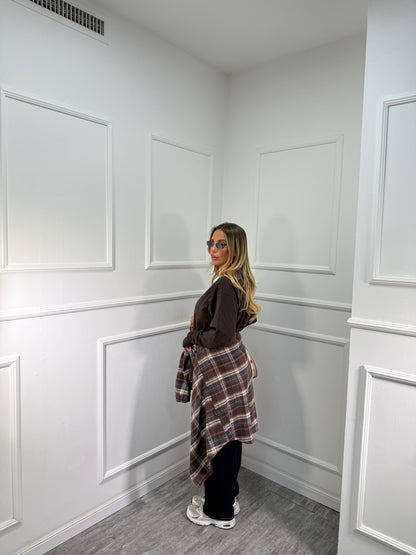 Camicia oversize in flanella con spalline Marshal cacao/grigia