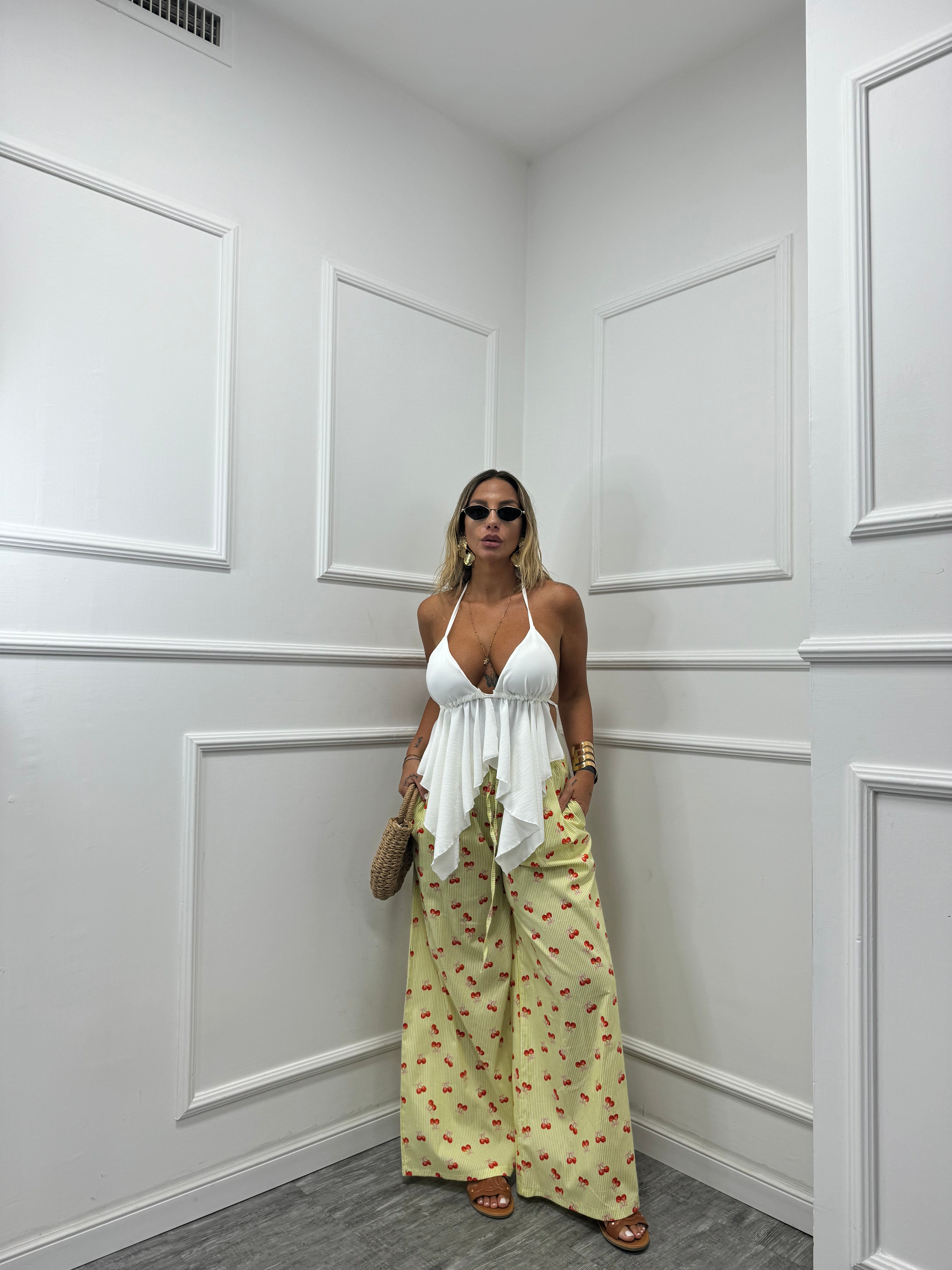 Pantalone righe gialle  ciliegie