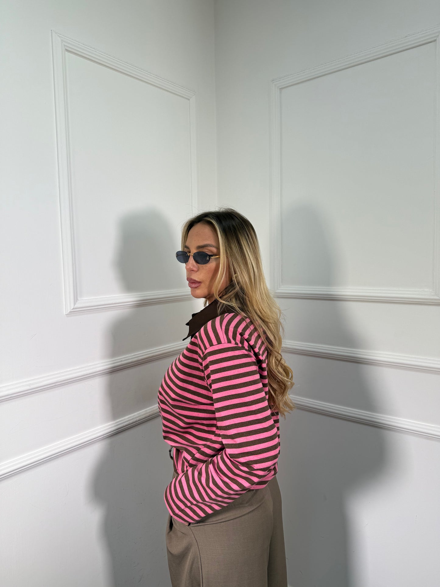 Polo a righe in cotone City cacao/rosa 22645