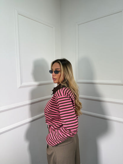 Polo a righe in cotone City cacao/rosa 22645