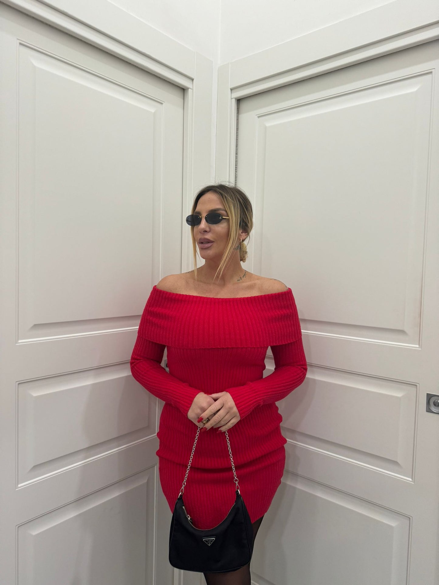 Dress lana scollo a barca in rosso