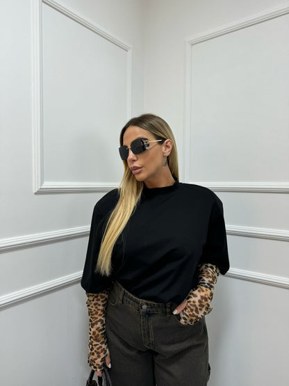 Shirt spalline nera manica maculata
