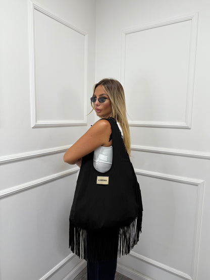 Borsa Lumina in eco camoscio con frange nera ld3430