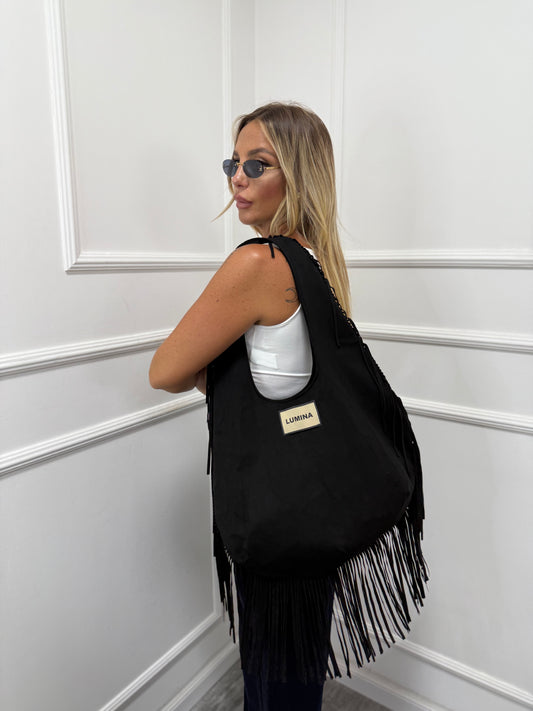 Borsa Lumina in eco camoscio con frange nera ld3430
