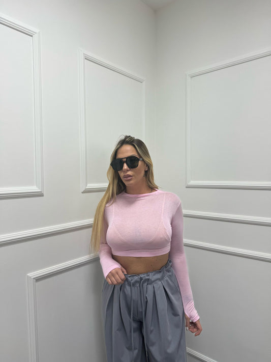 Maglia Crop semi velata low cost rosa